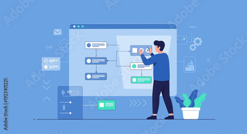 Man designing workflow on digital screen, planning and strategy concept