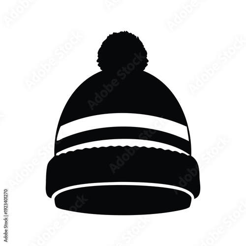 Black and white stylish winter hat with pom pom silhouette vector illustration, knitted hat silhouette vector illustration