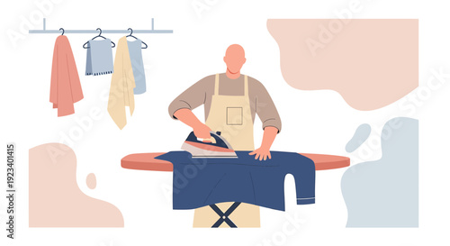 Man ironing clothes on ironing board, domestic chores, laundry care