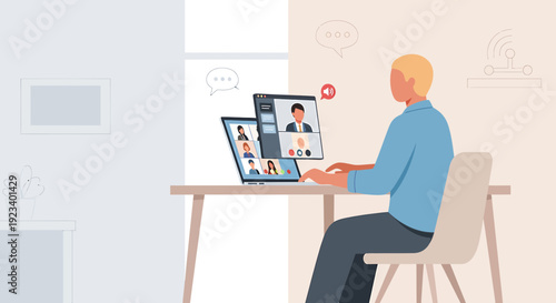 Man on video call, remote communication, online meeting, digital connection