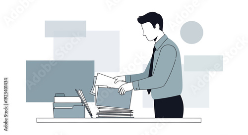 Man Organizing Documents in Folder, Desk with Printer and Laptop, Abstract Shapes Background