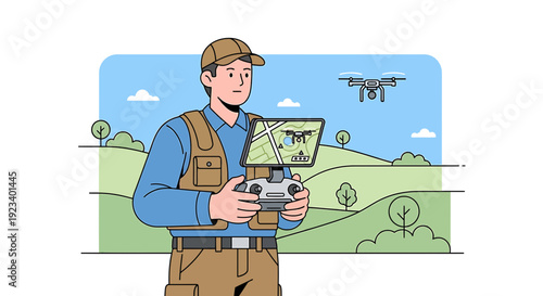 Man Operating Drone with Remote Control in Rural Landscape