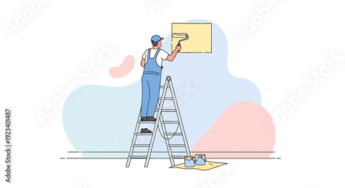 Man Painting Wall with Roller from Ladder, Home Renovation and Decor Concept