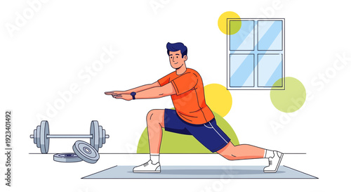 Man performing lunges at home gym with dumbbells and window background