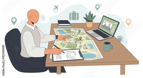 Man planning a trip on a map, with laptop and travel essentials