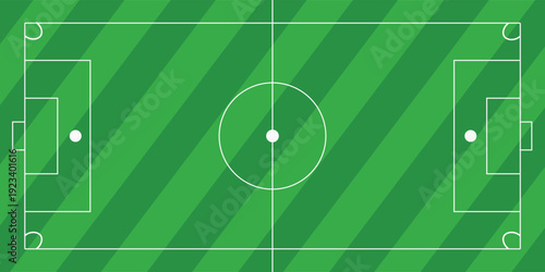 Soccer field vector illustration. Green grass pitch with white lines, goals, and corner markings for football games and competitions.