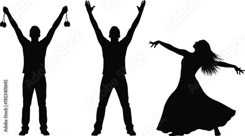 Black silhouettes featuring a man celebrating with arms raised holding small objects and a woman in a long dress dancing gracefully on white background