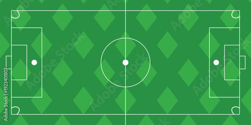 Soccer field vector illustration. Green grass pitch with white lines, goals, and corner markings for football games and competitions.
