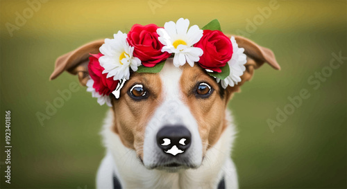 Adorable dog wearing colorful flower crown looking directly at camera with sweet expression outdoors