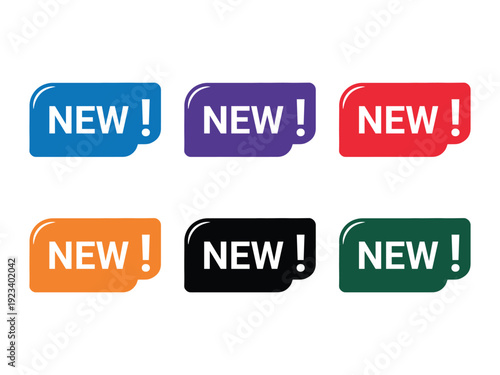 Six colorful rectangular tags with white text N E W label sticker announcement