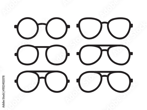 Six black eyeglasses styles on white background spectacles eyewear