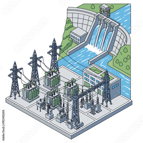 Isometric illustration of a hydroelectric power plant with dam and electrical infrastructure.
