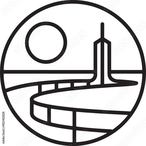 Circular urban landscape emblem with sun icon overlooking modern tower and curved bridge walkway