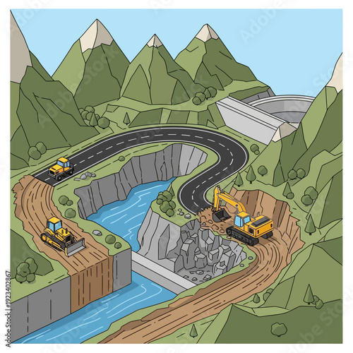 Dam construction site with excavators and road building.