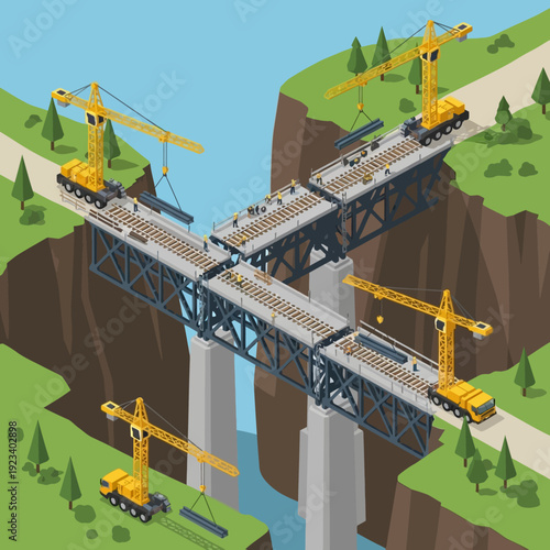 Bridge construction site with cranes and workers building infrastructure.