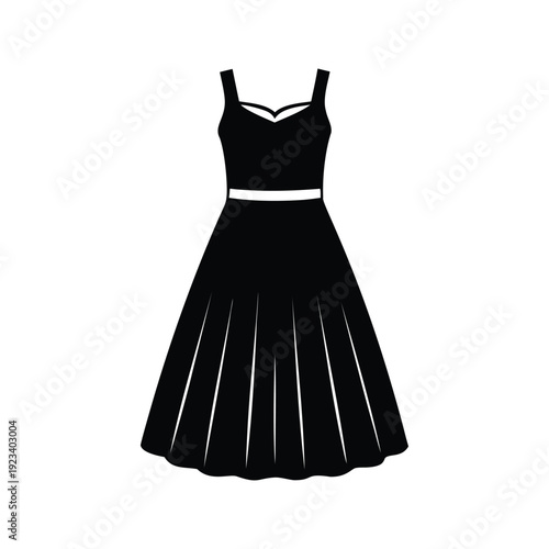 Elegant black and white dress with a cinched waist and full skirt silhouette vector illustration, pleated summer dress silhouette vector illustration
