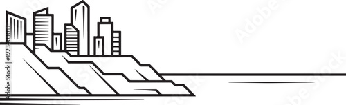 Coastal skyscrapers on rocky cliff edge overlooking calm sea water linear vector illustration