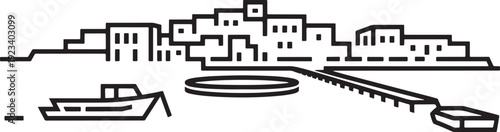 Mediterranean coastal village line art with houses boat and wooden pier on water vector design