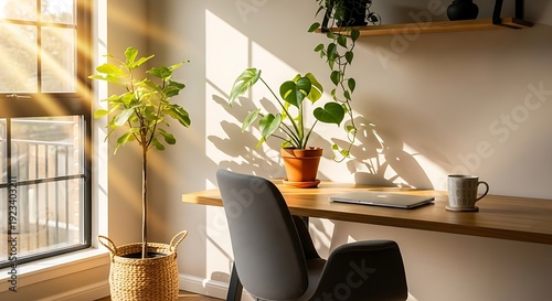 Cozy home office workspace with plants and natural light