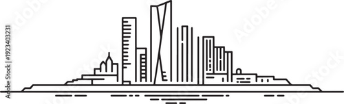 Minimalist line art illustration of a modern city skyline with distinct architectural features