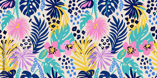 Vibrant tropical floral pattern with palm leaves hibiscus and spotted elements