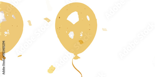 Golden balloons float against a dark black background with scattered confetti