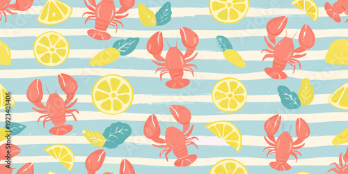 A playful pattern featuring lobsters lemon slices and teal leaves