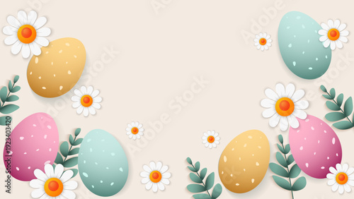 Easter background with eggs and daisies. Beautiful background with colorful Easter eggs and daisies with space for text. Vector illustration for an Easter background.