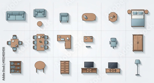 Collection of modern furniture items seen from above.