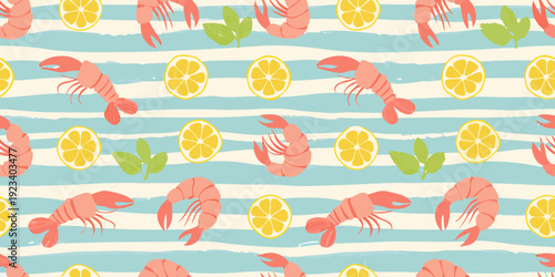 Seamless pattern with shrimp lemon slices and green leaves on stripes