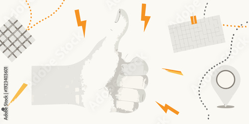 A hand giving a thumbs up surrounded by digital and location icons