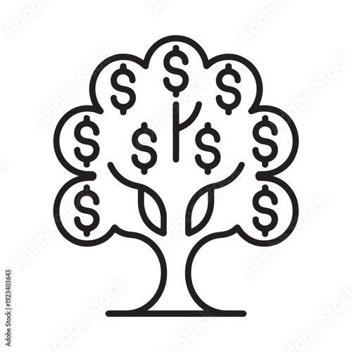 A stylized line drawing depicts a tree with dollar signs as leaves symbolizing financial growth and wealth
