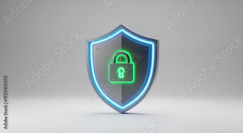 Minimalist glowing padlock shield, network safety and privacy concept.
