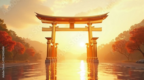 Golden Torii Gate at Sunrise Reflecting on Water – 朝日に輝く鳥居と水面の反射