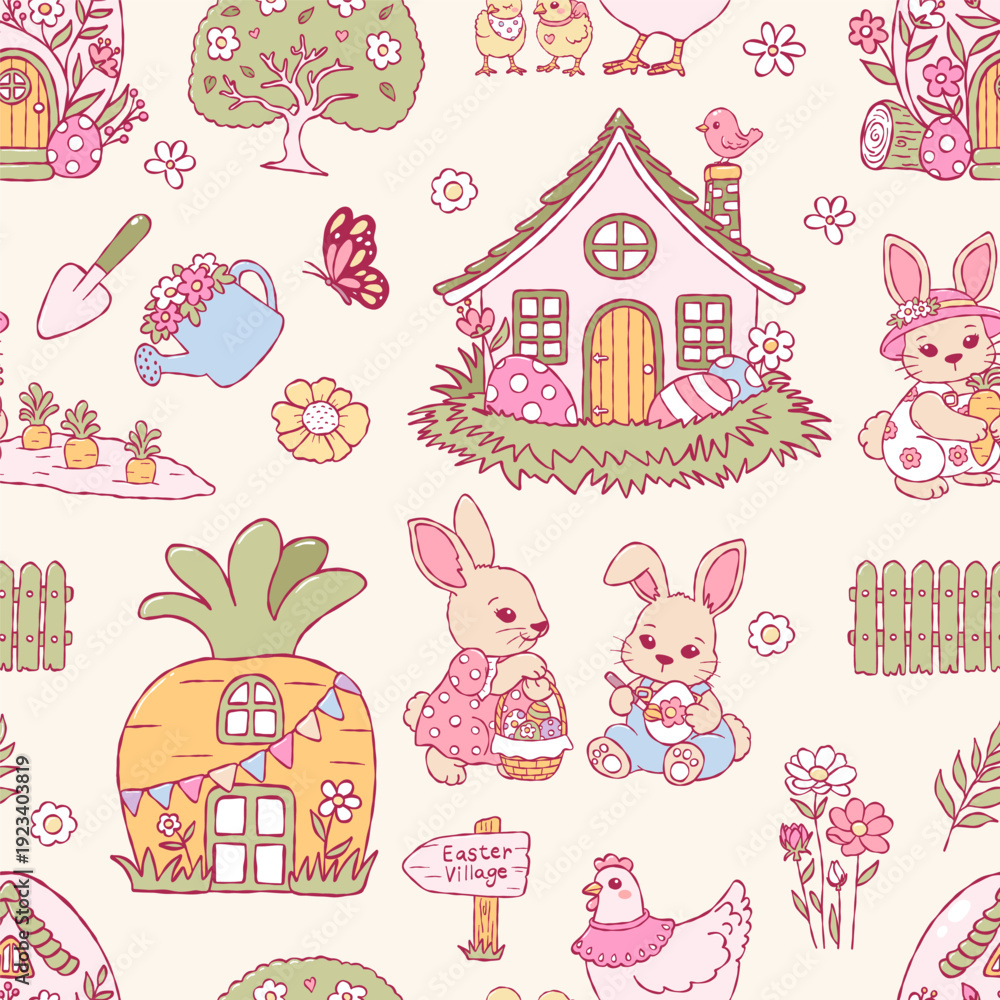 Fototapeta premium Easter Village Seamless Pattern, Trendy Hand Drawn Bunny Spring Town Digital Paper, Vintage Cottage Repeat Pattern Design Vector