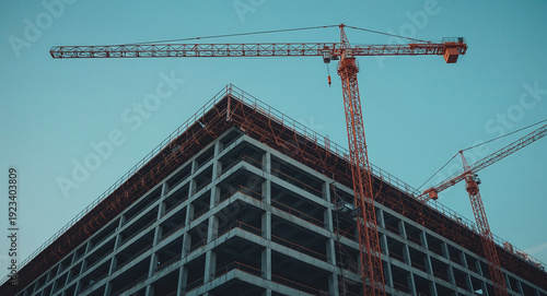 Modern office building under construction with tower cranes and concrete structure against clear blue sky