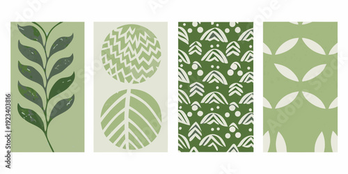 Four vertical panels displaying botanical and geometric green patterns