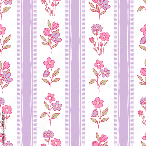 Spring Floral Seamless Pattern, Trendy Hand Drawn Tiny Daisy Digital Paper, Pink Purple Blossom Repeat Pattern Design Vector