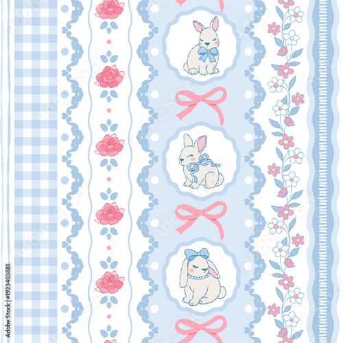 Coquette Bunny Seamless Pattern, Blue Vintage Easter Digital Paper, Ribbon Bow and Lace Fabric File, Pink Roses Lacy Stripes Repeat Pattern Design Vector