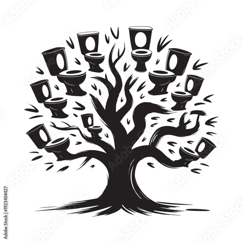 A whimsical tree grows toilets instead of leaves creating a surreal and darkly humorous illustration high quality