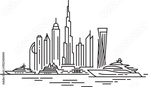Outline illustration of dubai skyline featuring burj khalifa and luxury yachts in the foreground