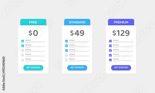 Subscription Pricing Table UI Design with Three Tiers Free Standard and Premium. Website, Plan and Package. Vector illustration.