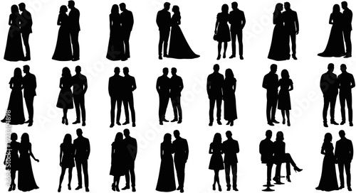 Black, and, white, vector, illustration, collection, of, diverse, couples, in, formal, and, casual, wear, standing, together, background.