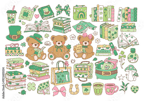 St. Patrick Bookish Collection Vector, Lucky Teddy Reading Doodle, Lucky Reader Hand Drawn Design Vector