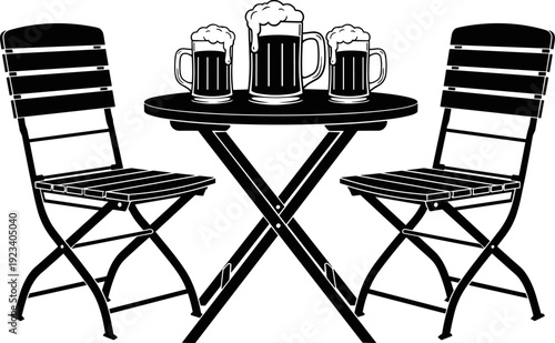 Black, and, white, vector, illustration, of, a, bistro, table, with, chairs, and, three, foaming, beer, mugs, on, top, background.