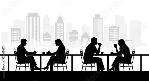Silhouettes of people sitting in a cafe or outdoor restaurant, couples having coffee and talking with a city skyline background,