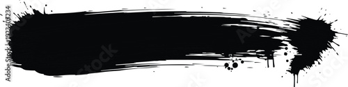 The image showcases a bold black brush stroke set against a stark white background, creating a strong visual contrast. The stroke is primarily horizontal, suggesting a sense of movement or direction. 