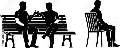 People sitting on park bench and chair silhouette, men talking together, casual conversation outdoors, friend group meeting, relax leisure activity.