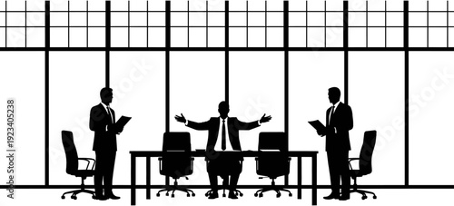 Set of professional business people silhouettes for office teamwork, corporate meeting presentation with speaker, time management icons, and successful employee celebration concepts,
