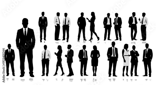 Set of 20 business people silhouettes working in office and corporate meeting with speaker presenting on whiteboard, vector illustration for professional teamwork concepts,